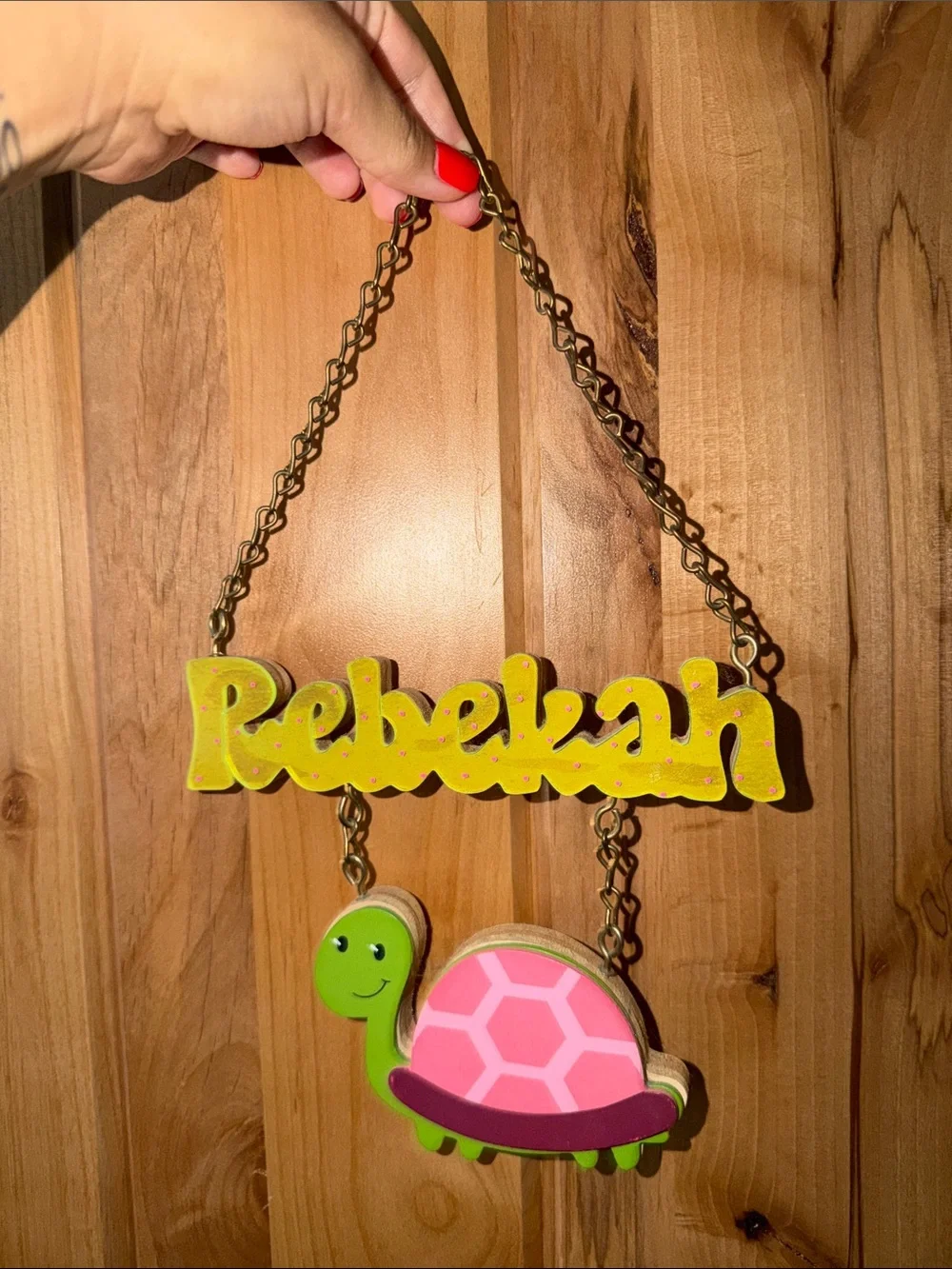 Personalized Kids Name Wall Hanger - Yellow Rebekah with Pink Turtle